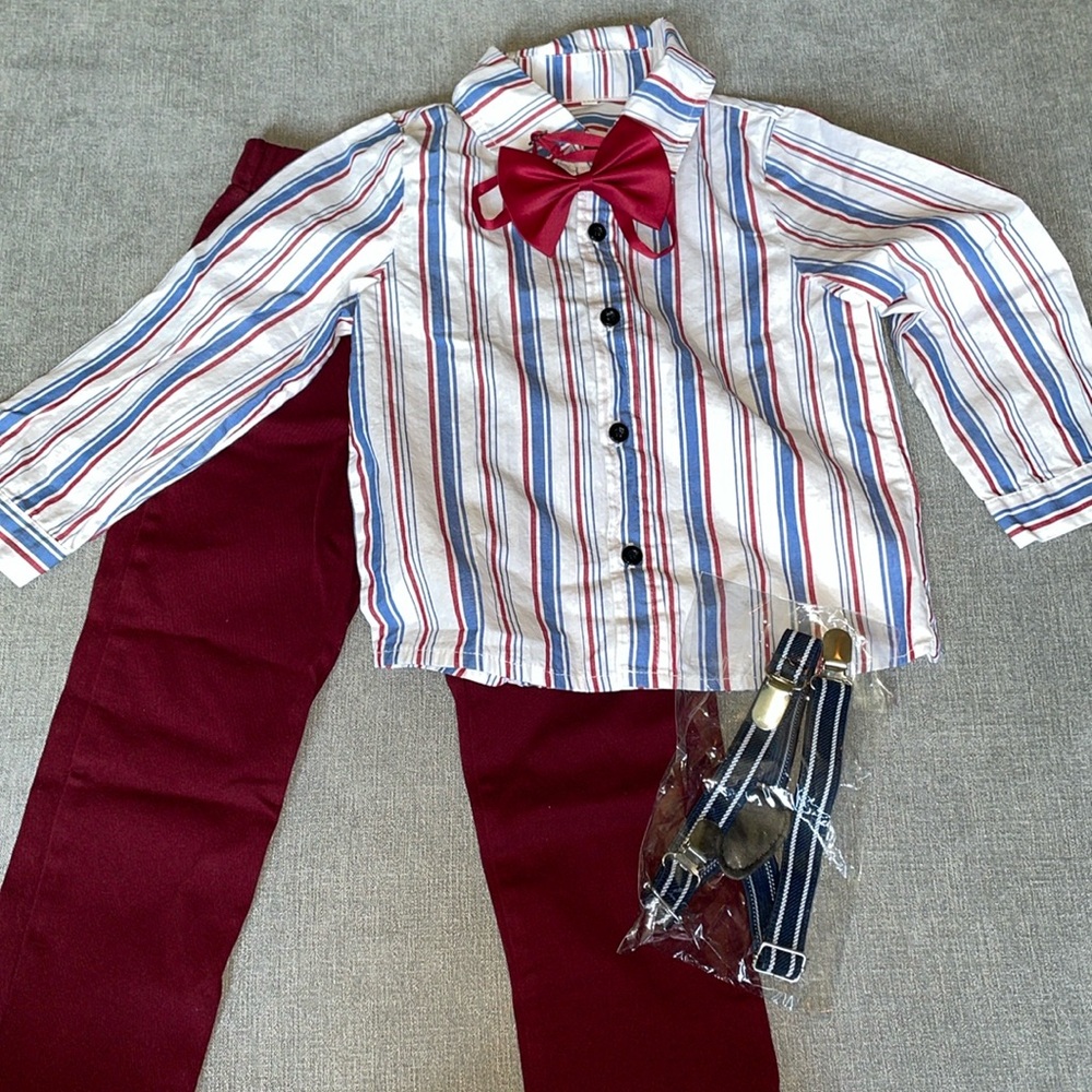 Toddler Boy’s Button Down With Pants Bowtie And Suspenders